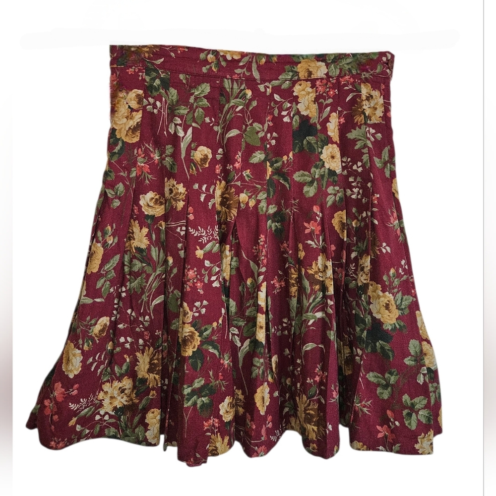 Vintage Johnny Lambs Burgundy Floral Cottagecore Pleated Boho Skirt Size S/M